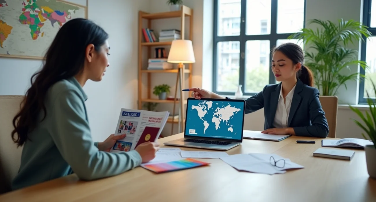 Consultora de agência de intercâmbio atendendo jovem com passaporte e brochuras de destinos