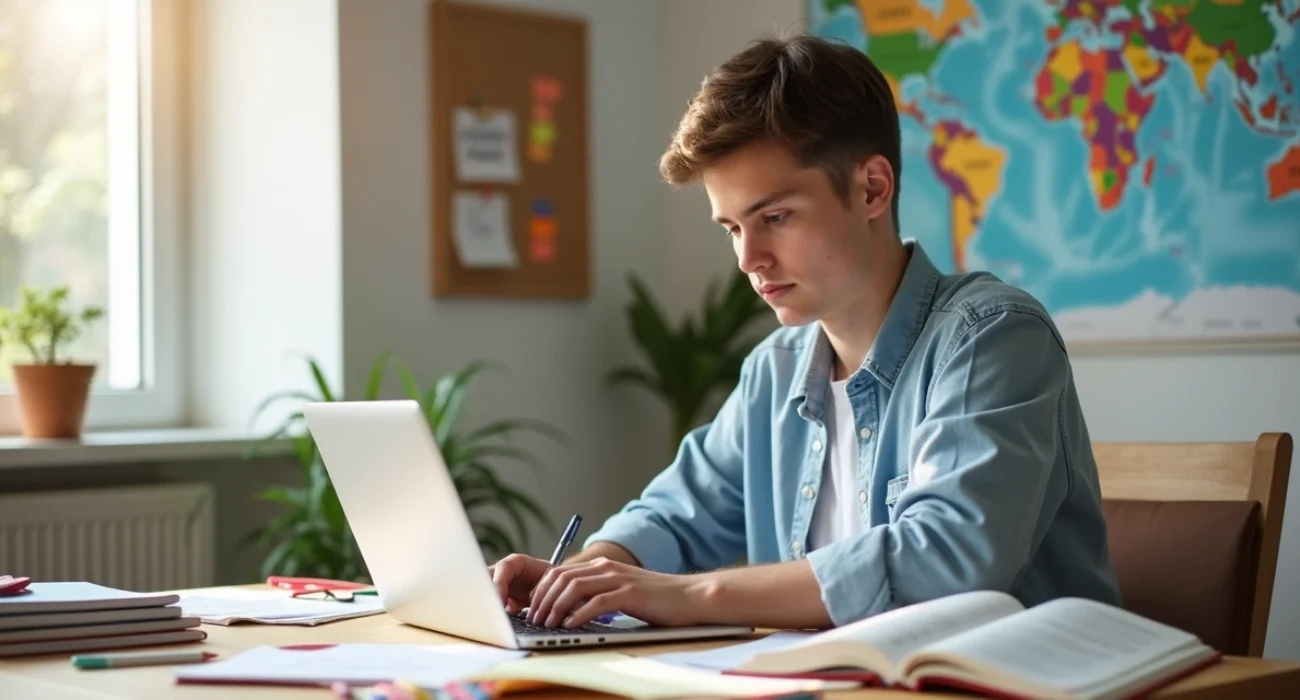Estudante se preparando para o TOEFL em mesa organizada com materiais de estudo