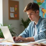Estudante se preparando para o TOEFL em mesa organizada com materiais de estudo