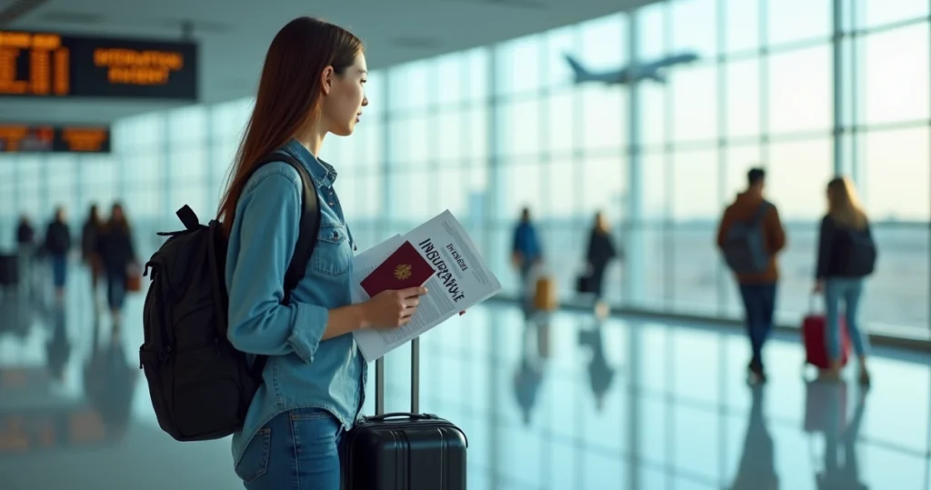 Estudante viajando com mochila passaporte e apólice de seguro internacional