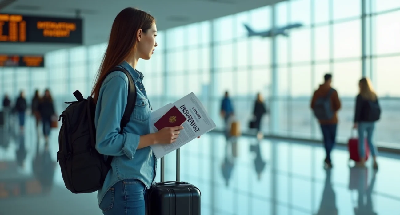 Estudante viajando com mochila passaporte e apólice de seguro internacional