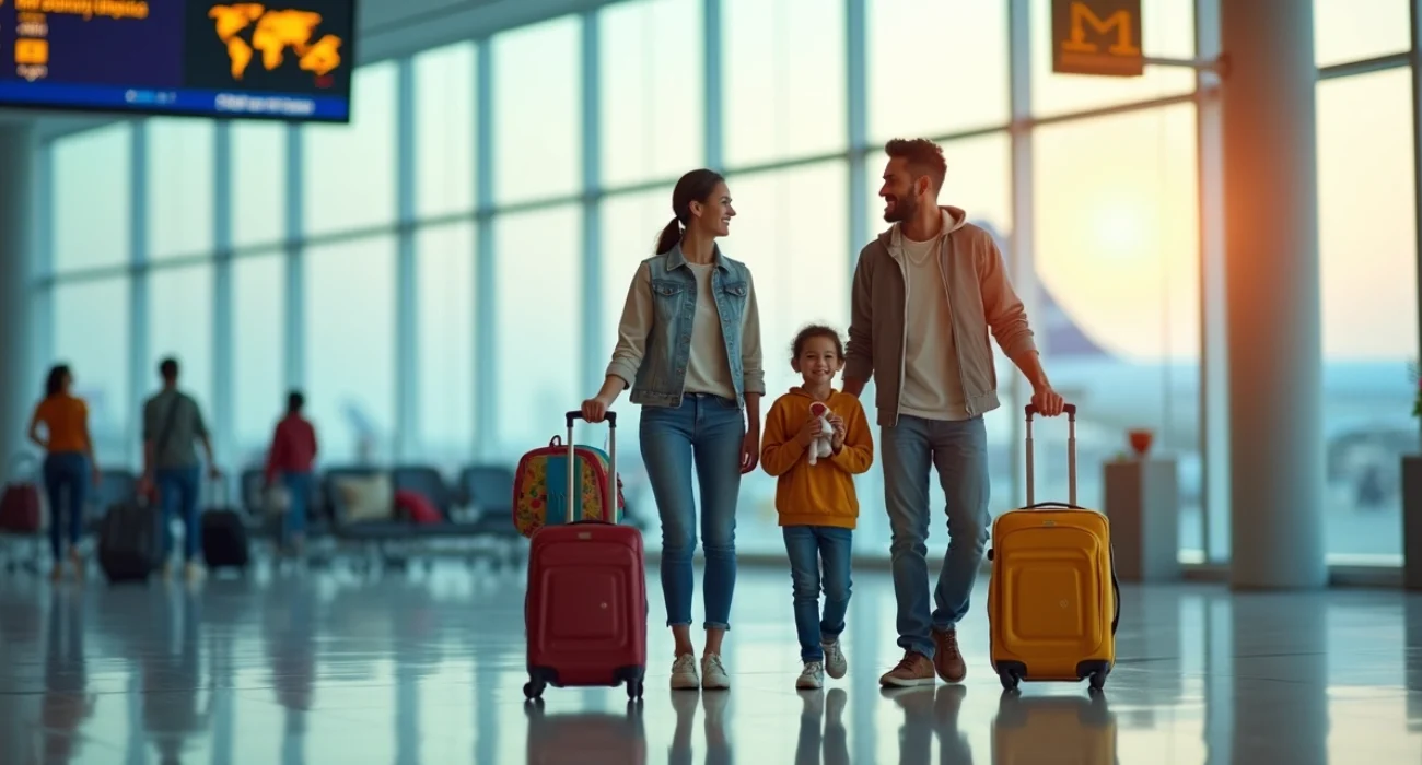 Família brasileira com filhos pequenos com malas em aeroporto internacional