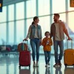 Família brasileira com filhos pequenos com malas em aeroporto internacional