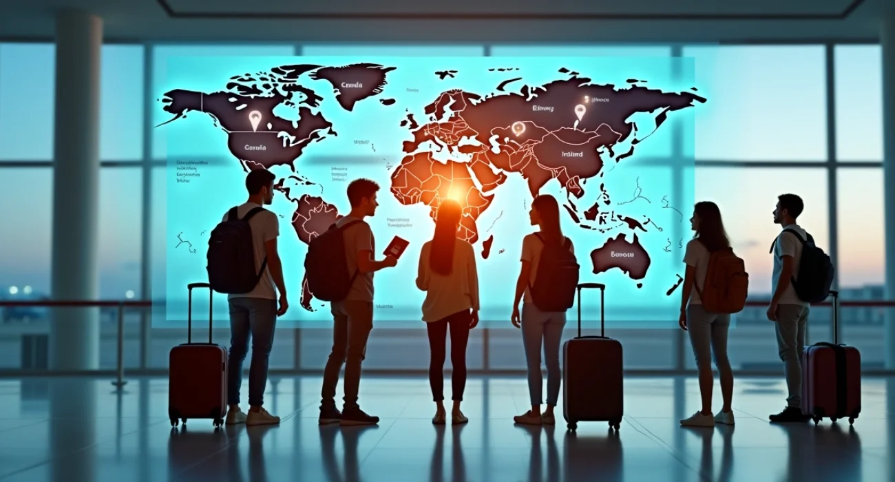Jovens brasileiros com malas em aeroporto olhando mapa-múndi de destinos acessíveis